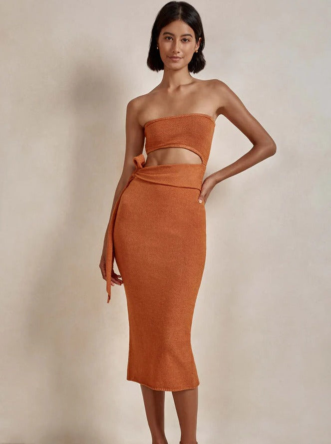 Sexy oranje tube top cut out bodycon jurk 