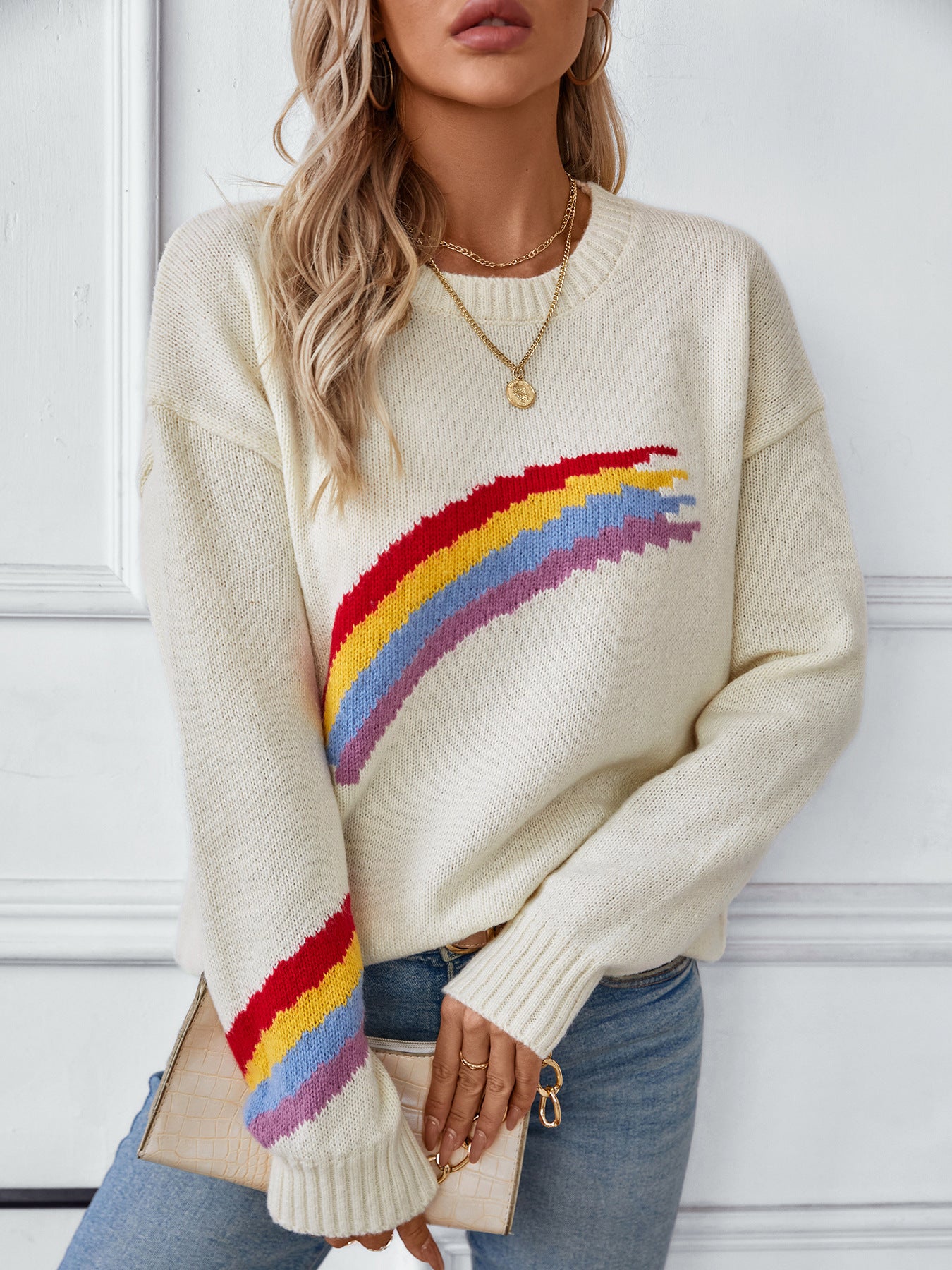 Damen Strickpullover Regenbogen Motiv Kuschelig Pullover Langarm Baumwolle