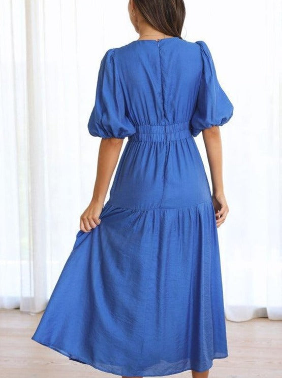 Solid Color Fluff Sleeve V-Neck Pleated Dress