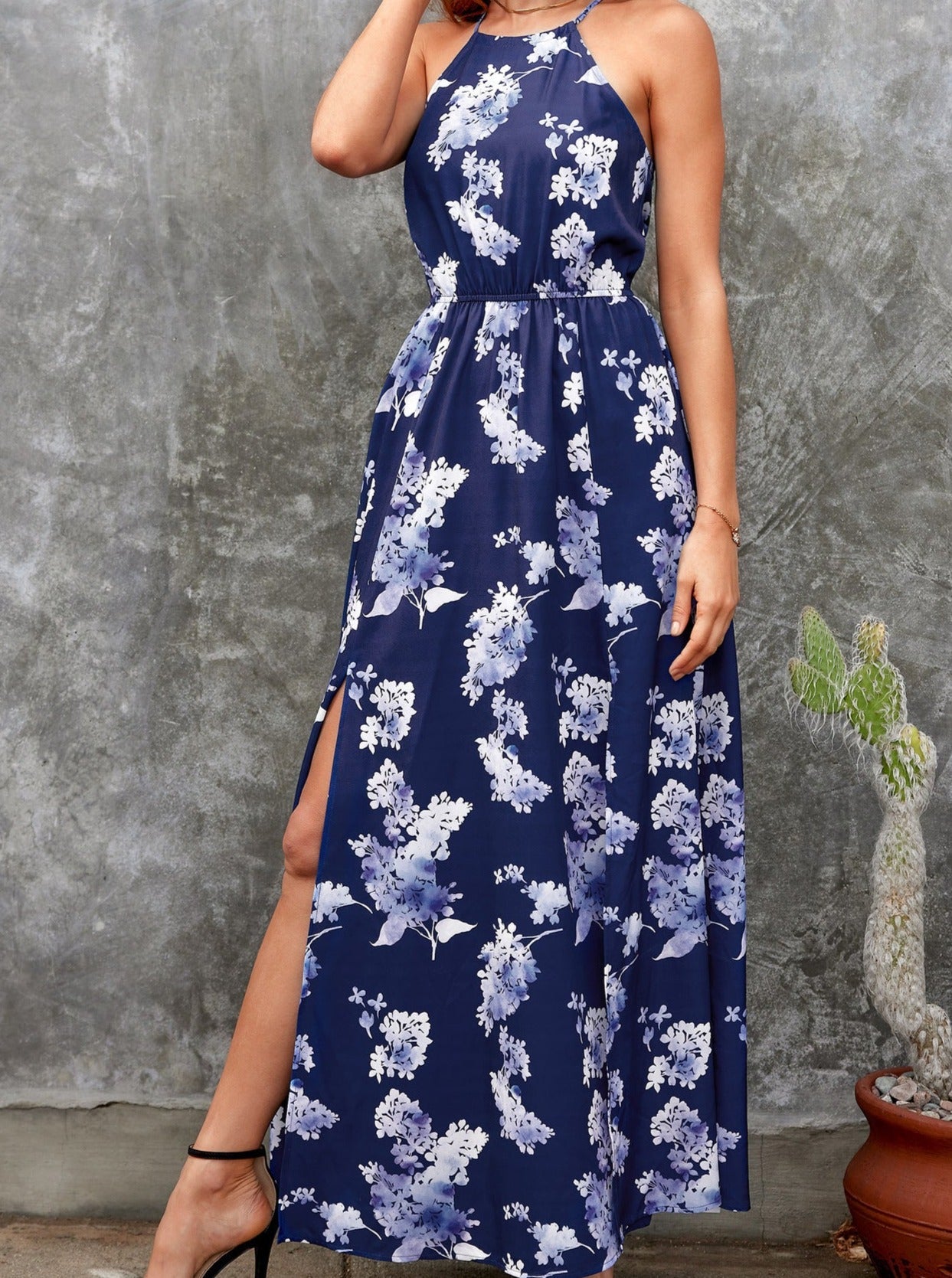 Bloemenprint Halter Hals Split Maxi Jurk 