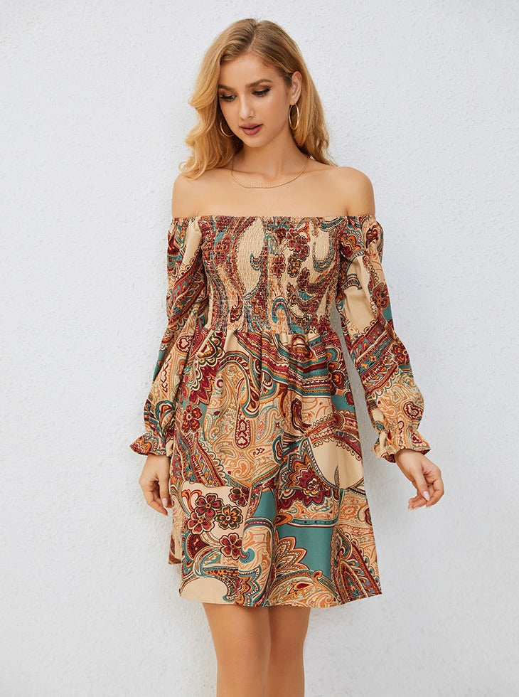 Off Shoulder Lange Mouw Bohemian Mini Jurk 