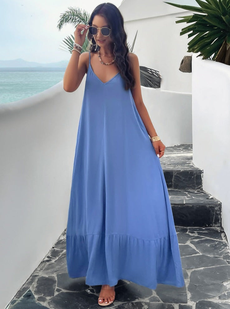 Blauwe casual effen kleur jarretel maxi-jurk