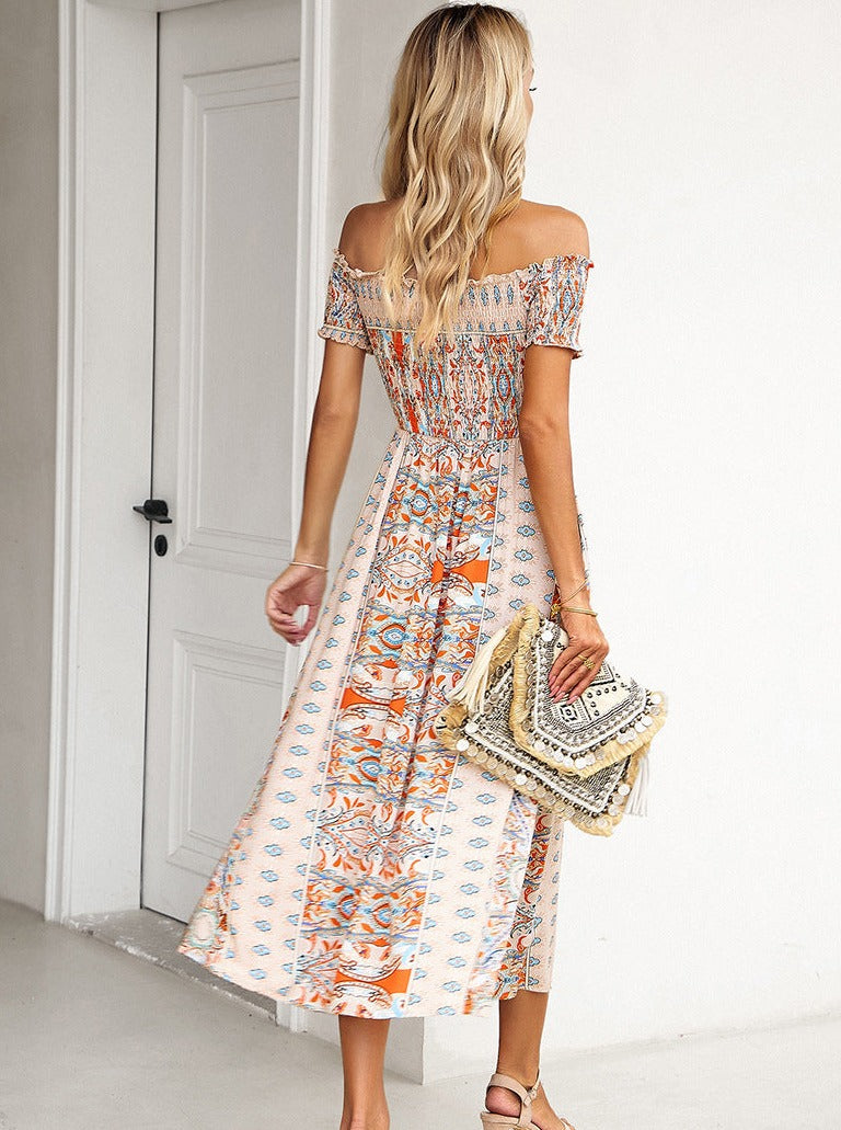 Boho Midikleid Off-Shoulder Buntes Muster Sommerkleid Mit Schlitz