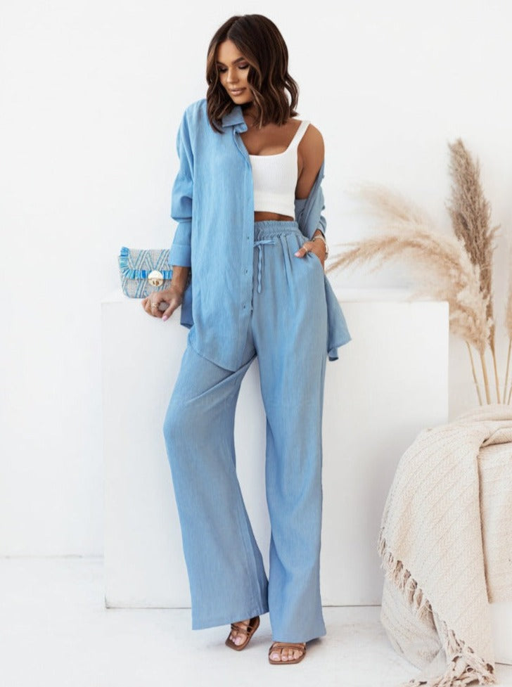 Casual Loose Fit Long Sleeve Shirt and Pants Set