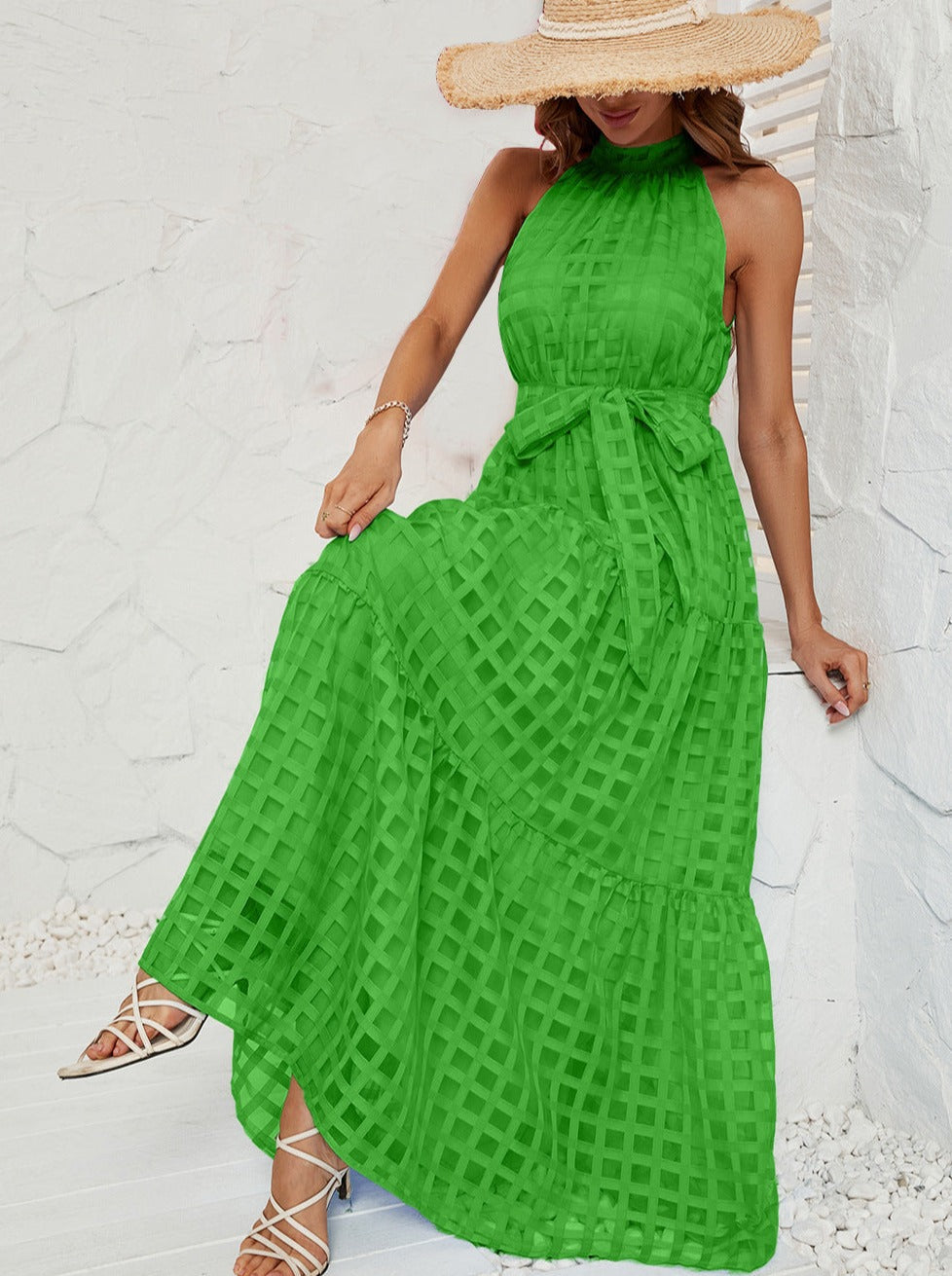 Groene halter mesh maxi-jurk met riem 