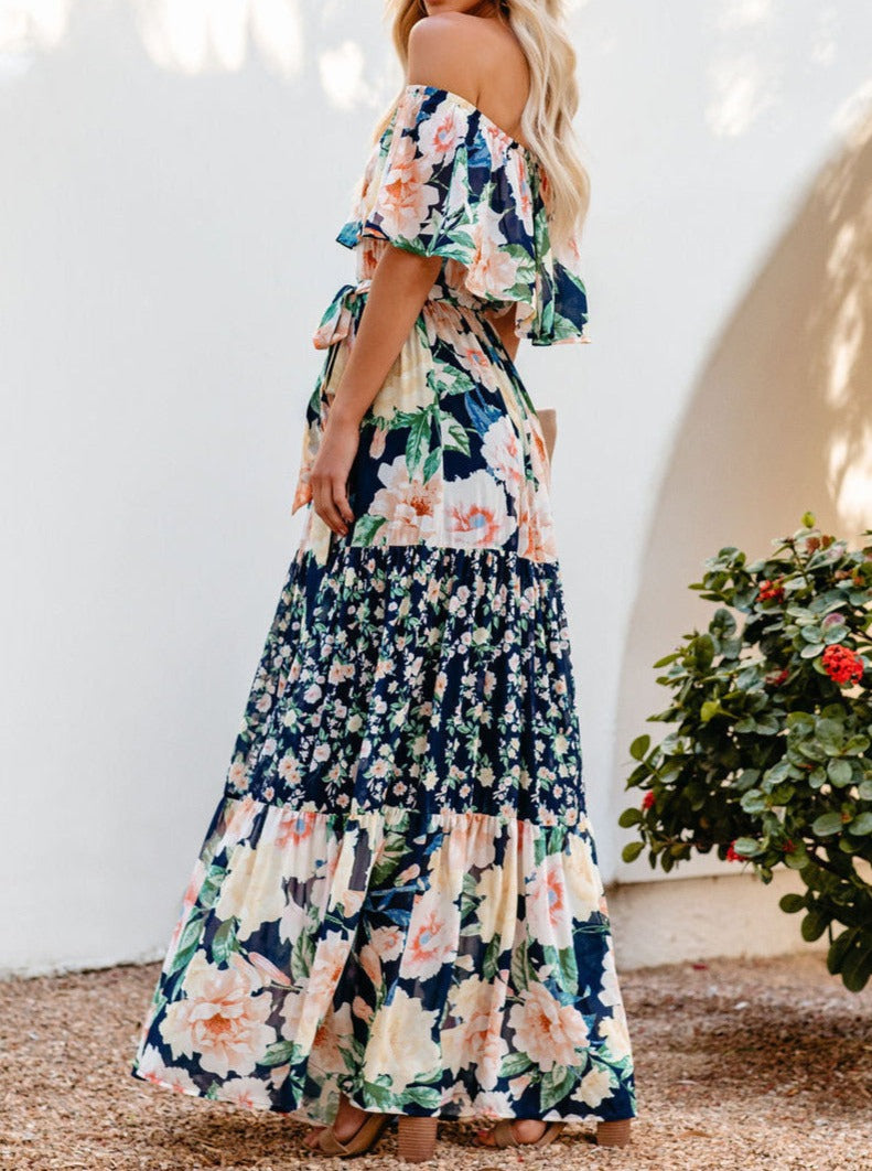 Marineblauwe bloemen retro print off shoulder maxi jurk 