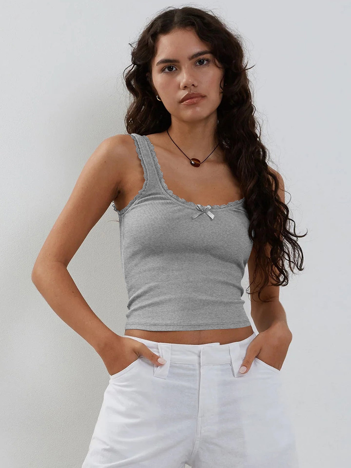 Grijze Tank Kant Mouwloze Crop Top 