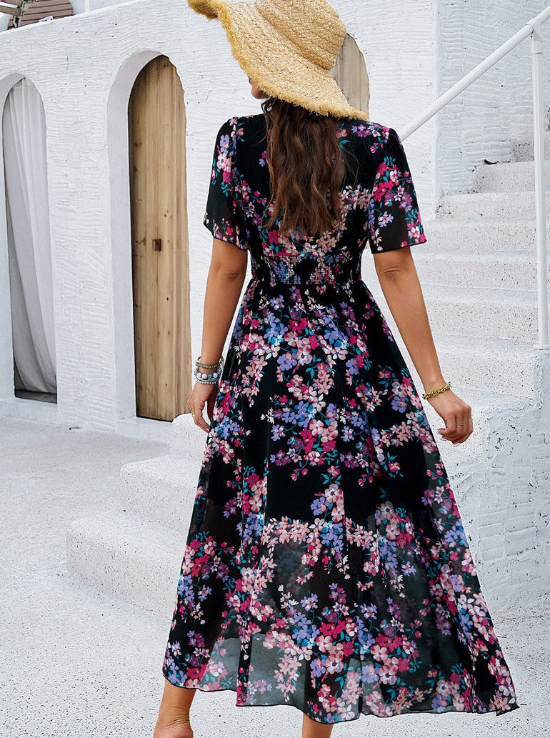 Black Smocked Floral V-Neck Short Sleeve Dress