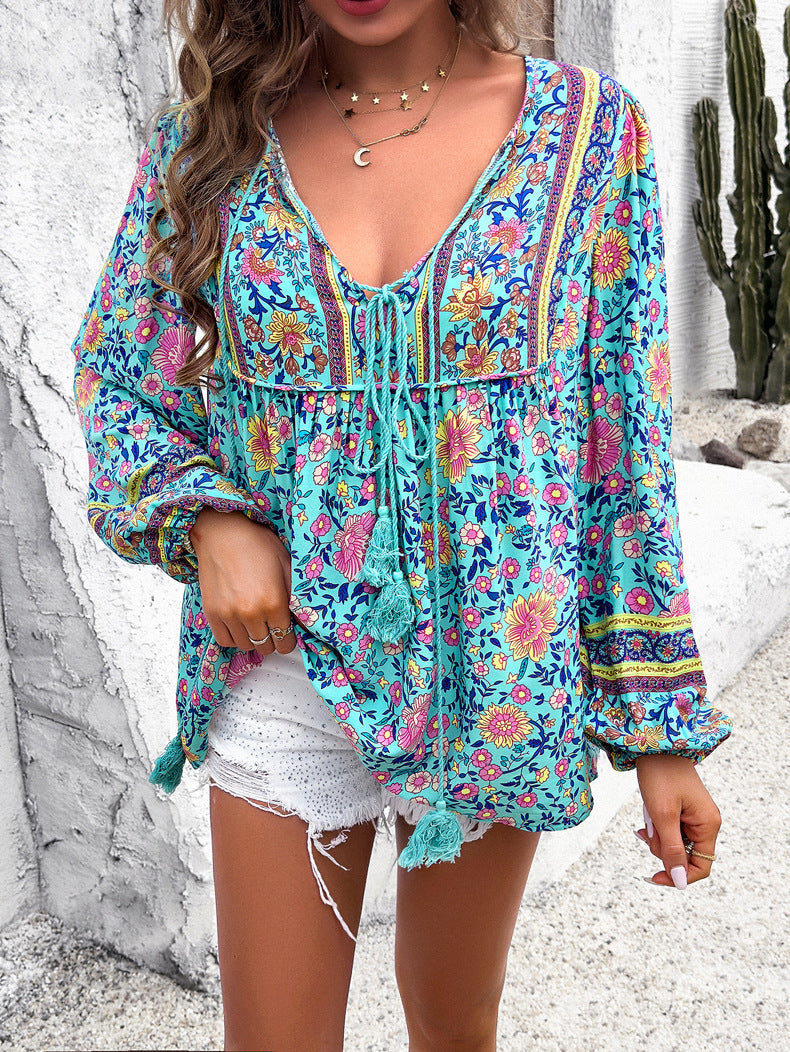 Blue Retro Floral Printed Tassel Shirt