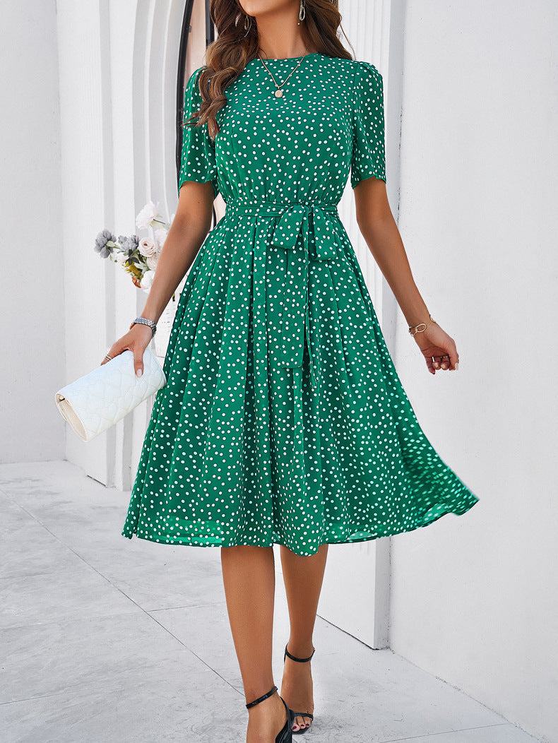 Groene elegante casual temperamentjurk met stippenprint 