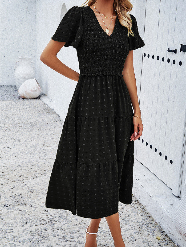 Black Temperament V-Neck Short-Sleeved Dress