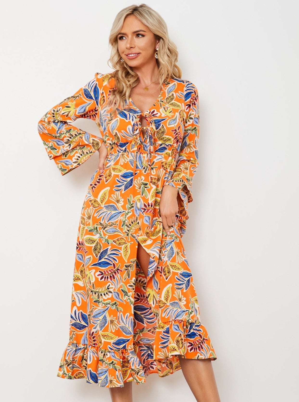 Orange V-Neck Floral Long Sleeve Midi Dress