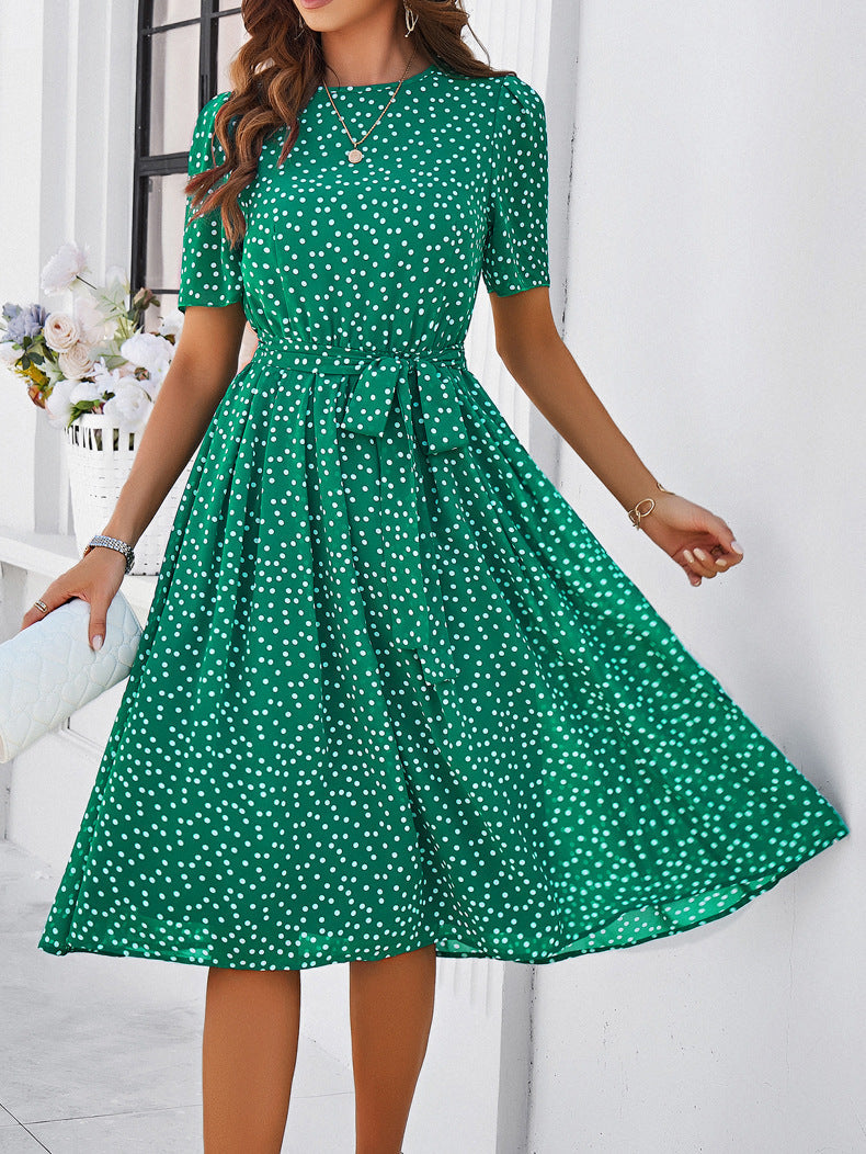 Groene elegante casual temperamentjurk met stippenprint 