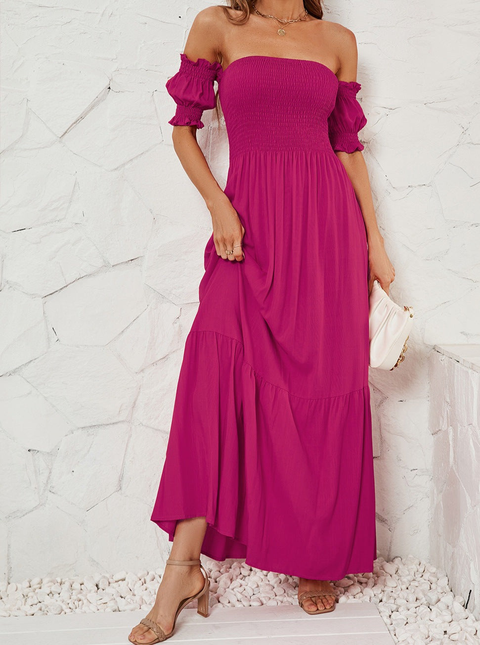 Off Shoulder Bell Sleeve Effen Kleur Maxi Jurk 