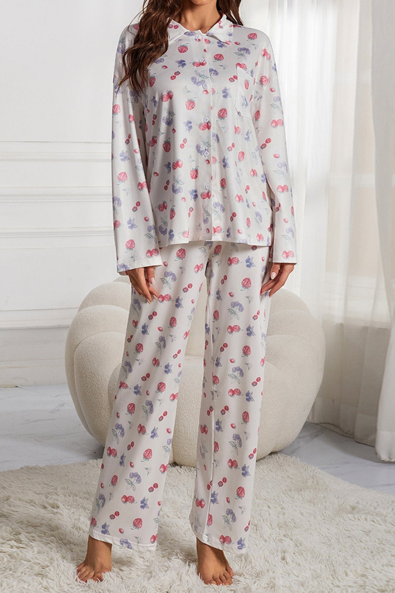 Fruitprint Wit Lange Mouw Shirt Wijde Pijp Pyjama Set 