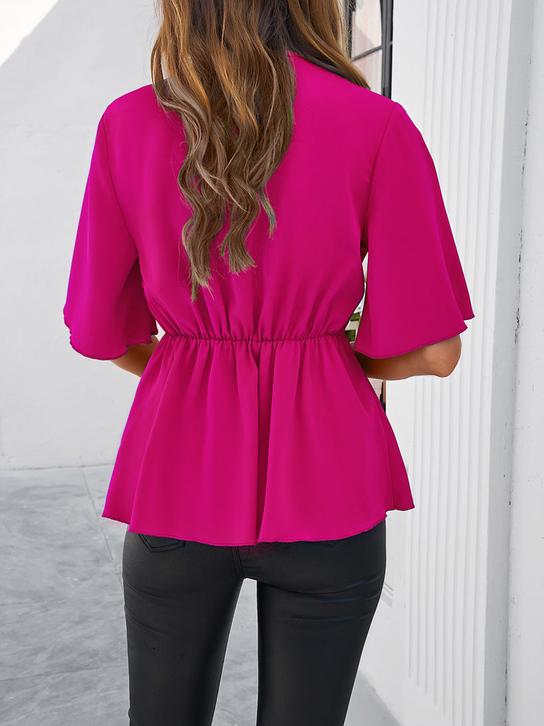 Roze effen V-hals blouse met lintstrik 