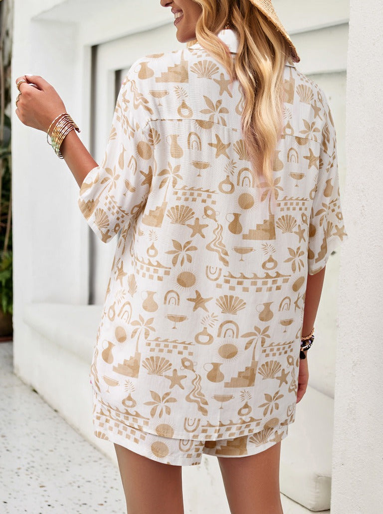 Collared Buttoned Printed Shirt and Short Set