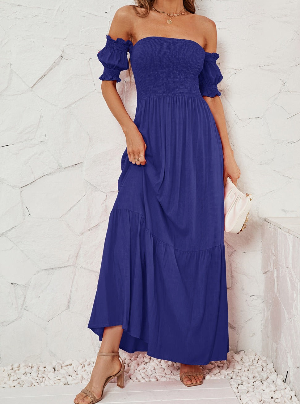 Off Shoulder Bell Sleeve Effen Kleur Maxi Jurk 