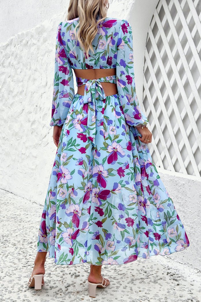 Long Sleeve Deep V-Neck Blue Floral Maxi Dress