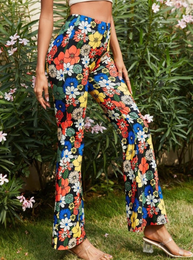 Trendy bloemenprint strakke broek met bell bottom 