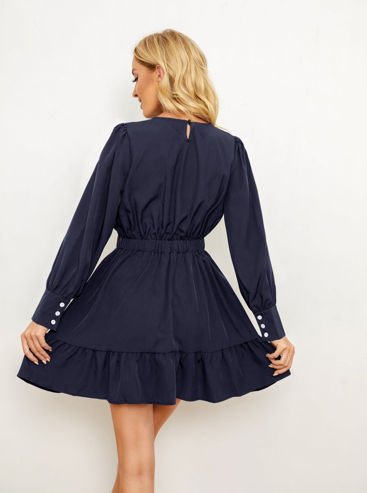 Solid Color Ruffle Long Sleeve Short Dress