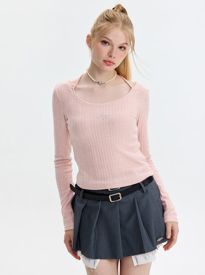 Embroidered Solid Color Round Collar Right Shoulder Bottoming Top