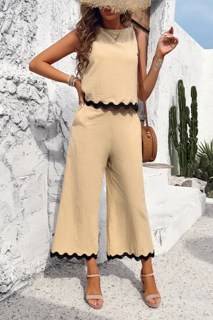 Apricot Summer Wavy Hem Sleeveless Top and Pants Set