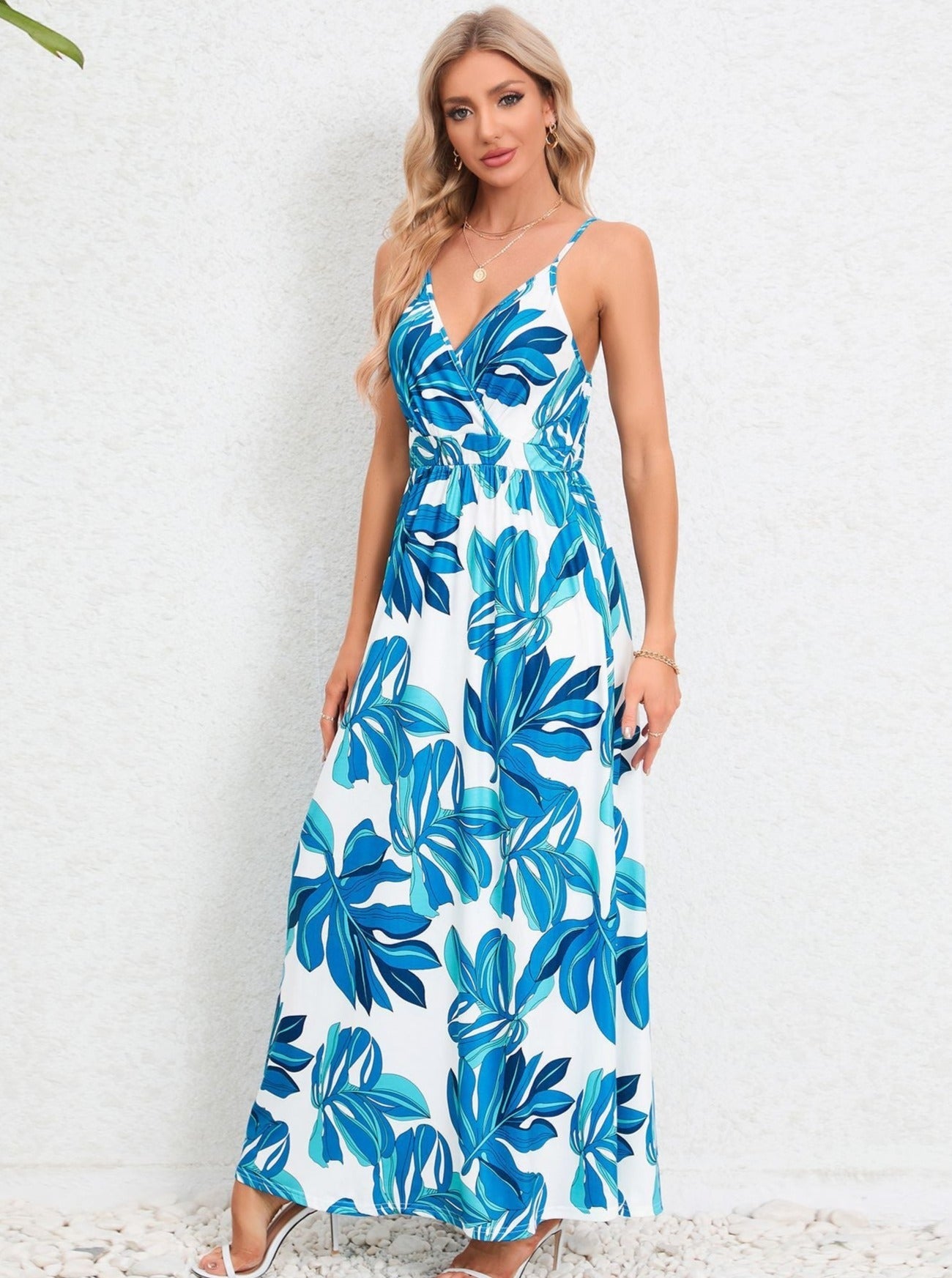 White Blue Tropical Printed Long Dress