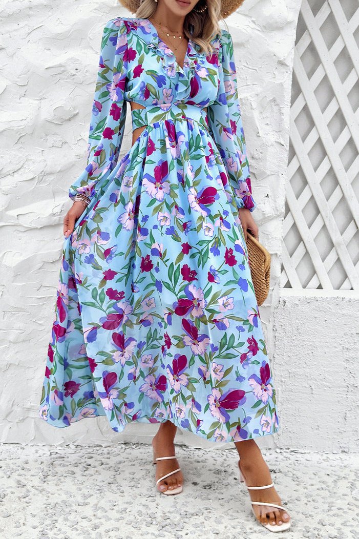 Lange mouw diepe V-hals bloemen maxi-jurk 