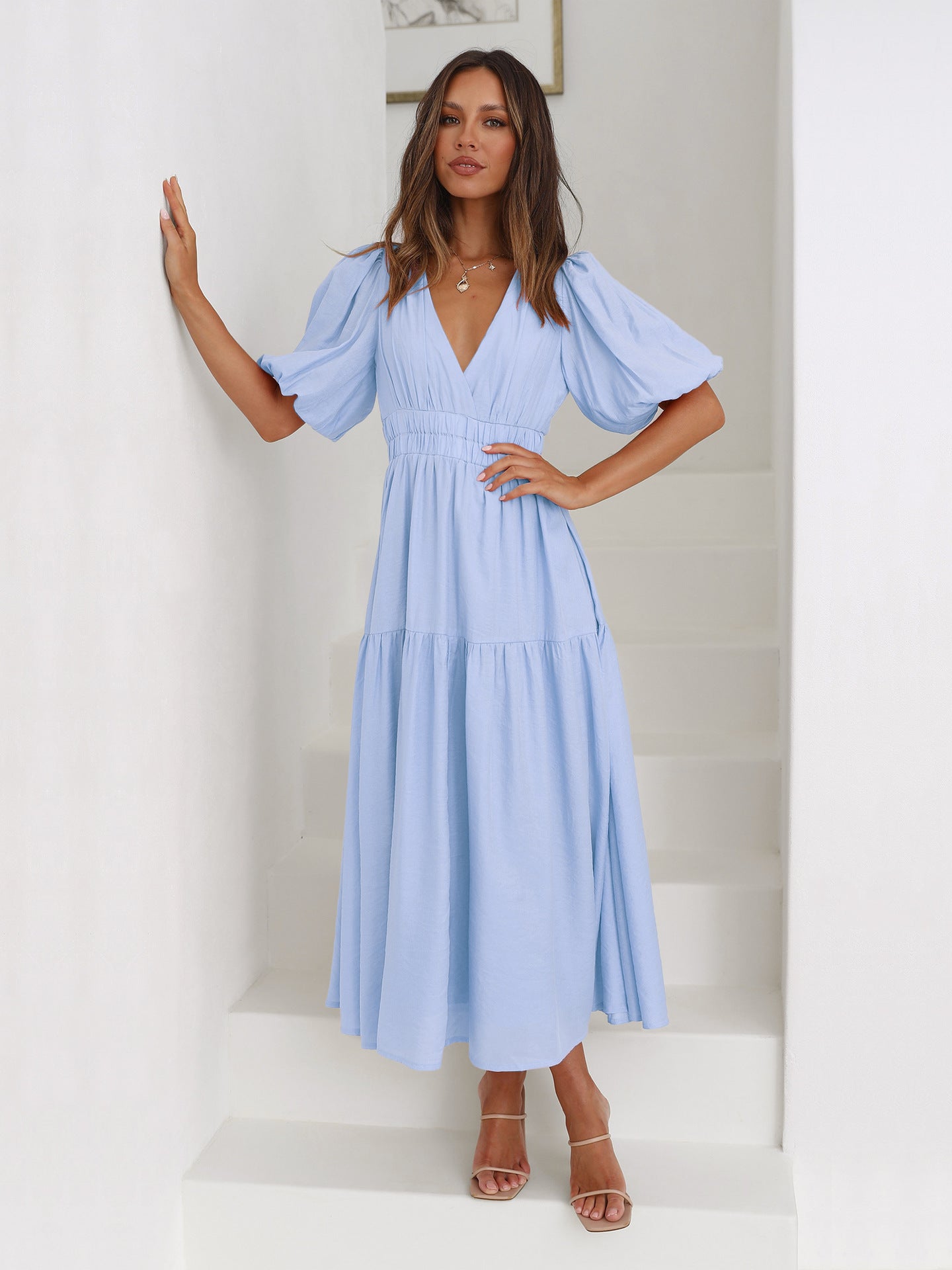 Light Blue Deep V-Neck Puff Sleeve Layered Dress