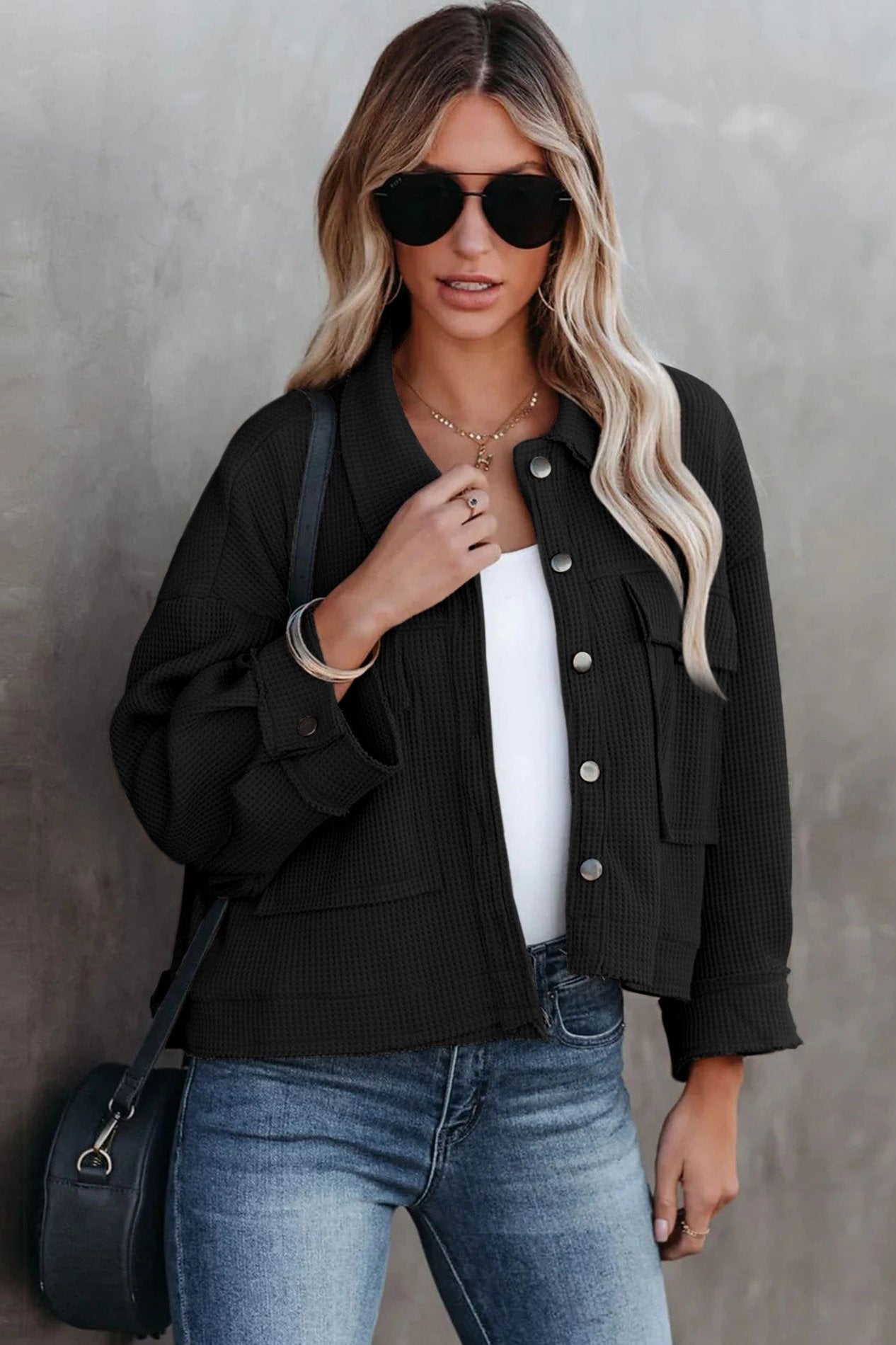 Black Long Sleeve Solid Color Collared Jacket