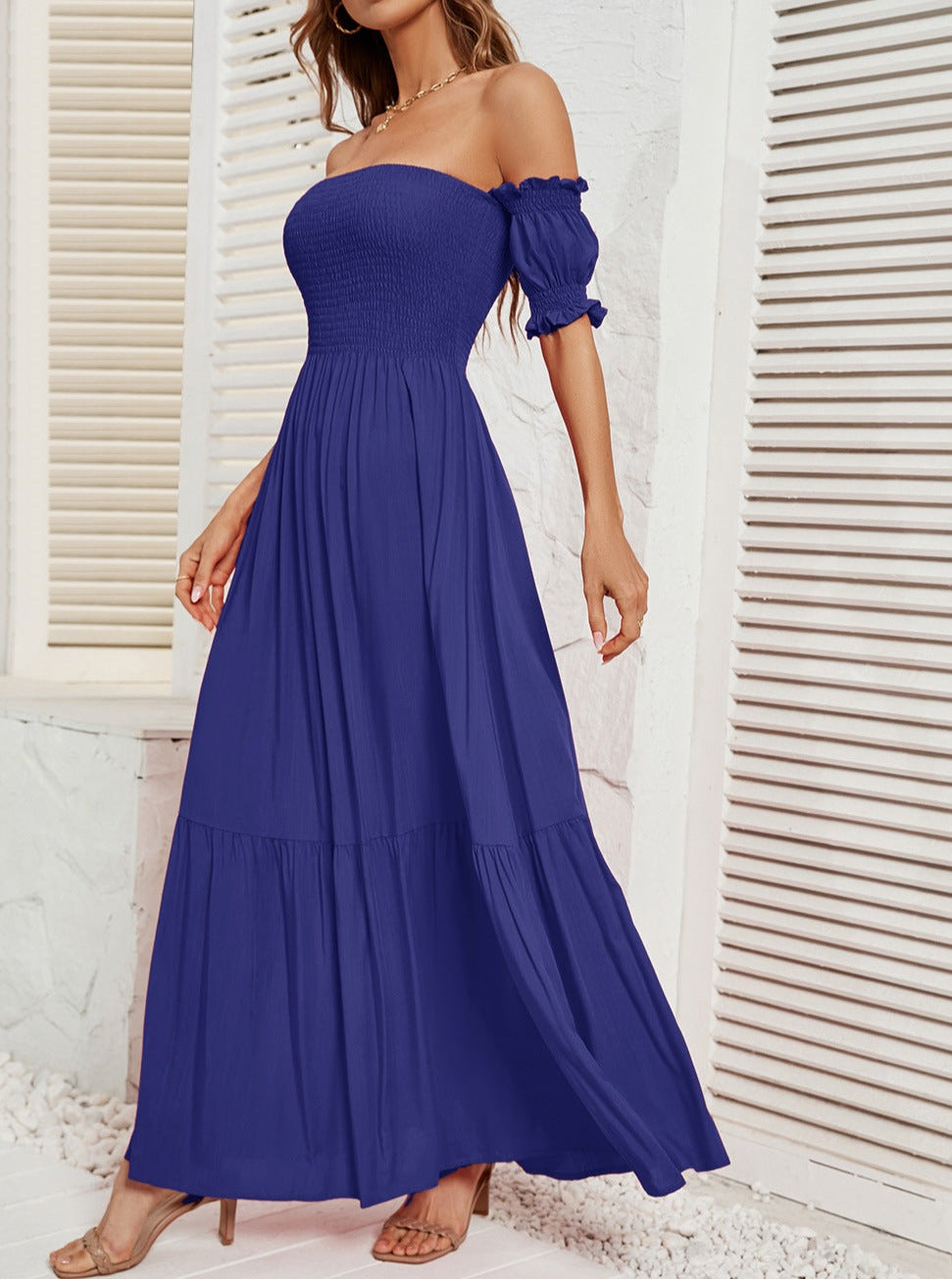 Off Shoulder Bell Sleeve Effen Kleur Maxi Jurk 