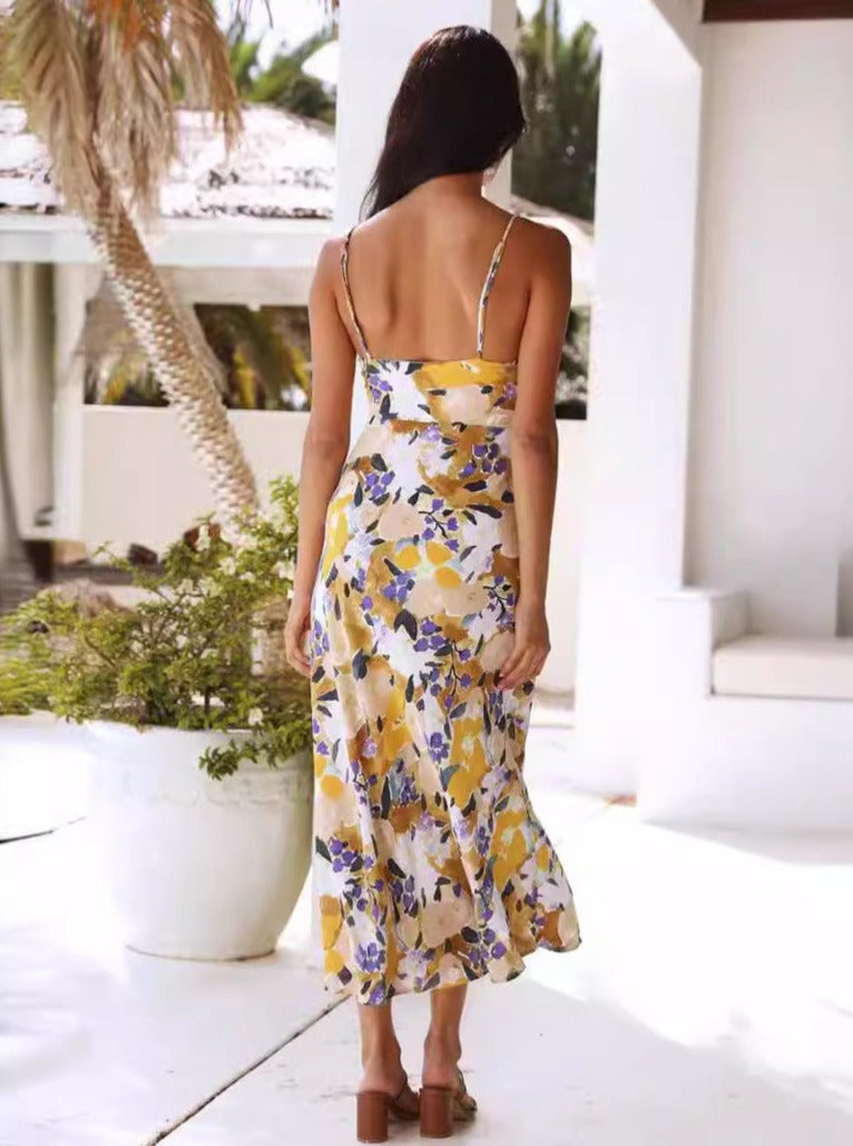 Zomer Slim Split Sexy Bloemen Chiffon Vintage Midi Jurk 