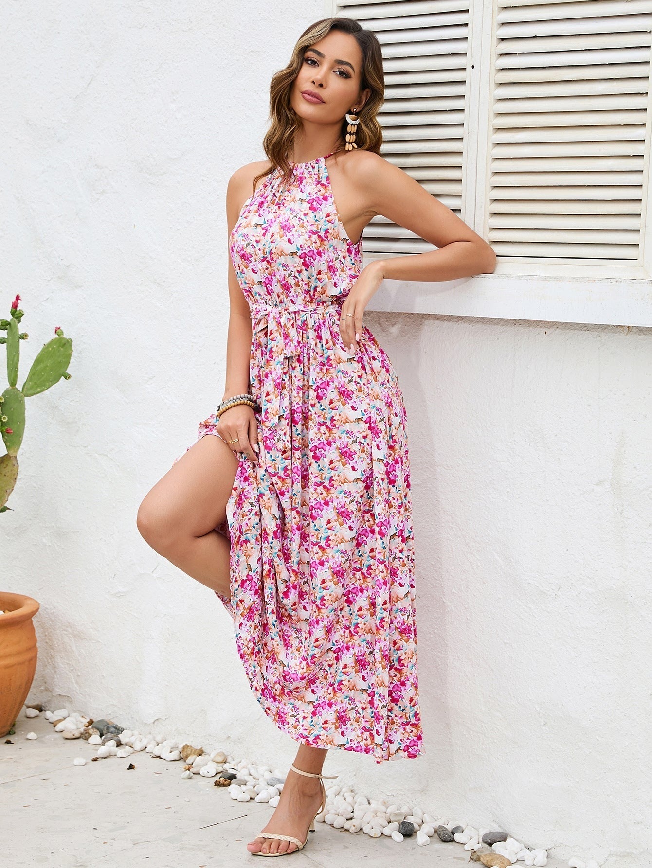 Off Shoulder Halter Hals Bloemen Midi Jurk 