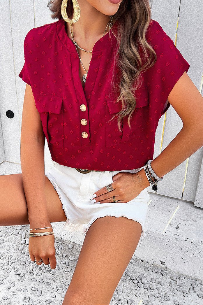 Red Chic Cap Sleeve V-Neck Embroidered Blouse