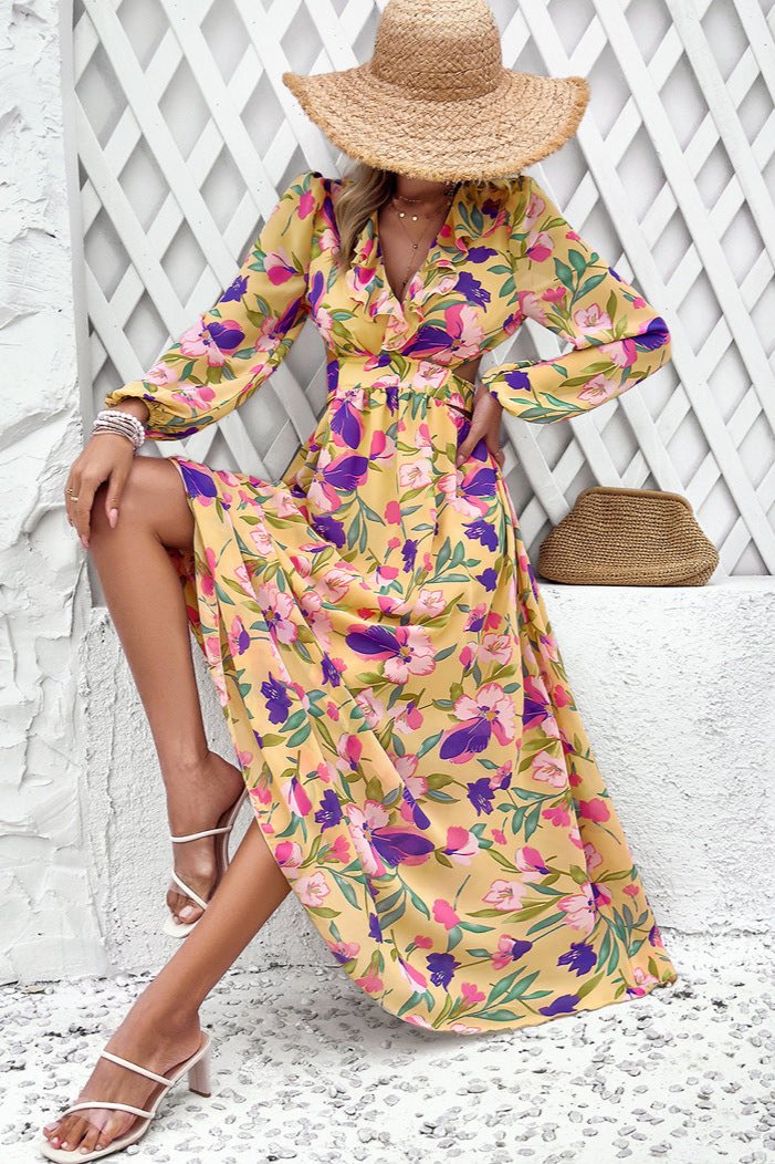 Long Sleeve Deep V-Neck Yellow Floral Maxi Dress