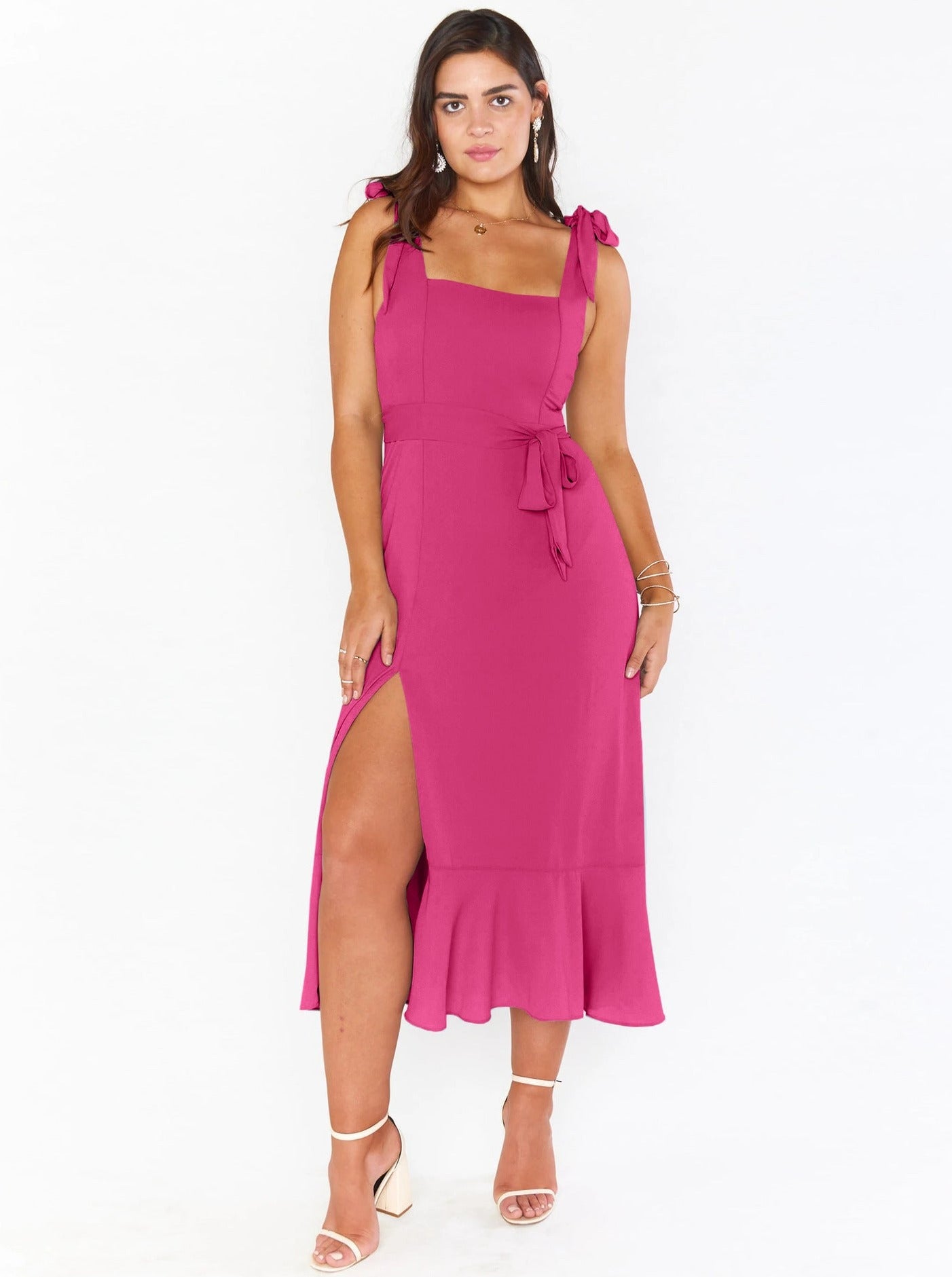 Sommerkleider Midi Lila Pink Schleife Elegant Leinen Maxi mit Schlitz