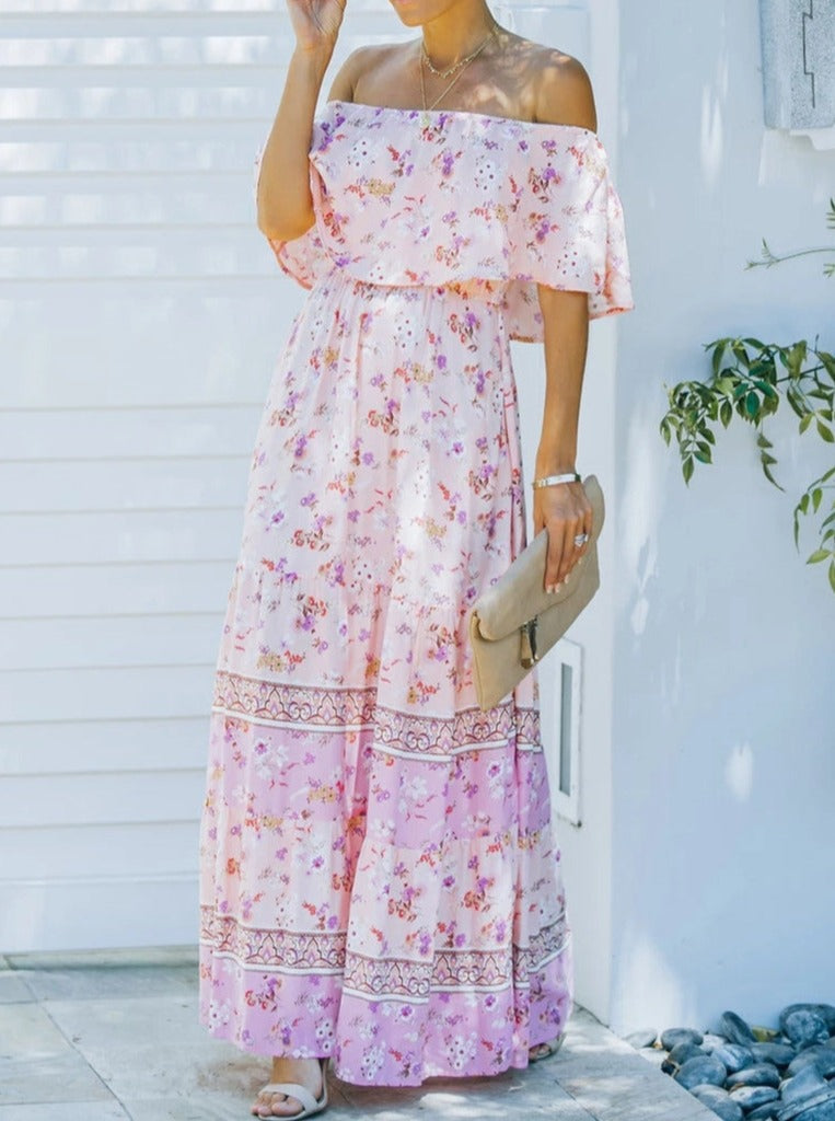 Roze bloemen retro bedrukte off shoulder maxi-jurk