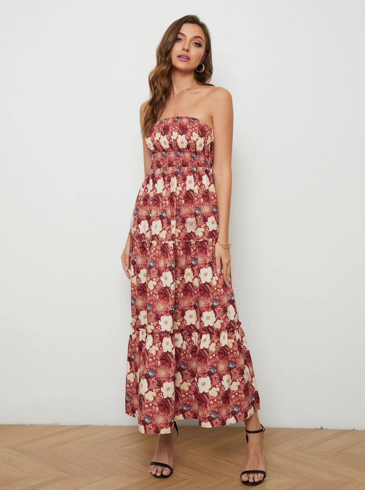 Bloemen strapless jurk met lage rug 