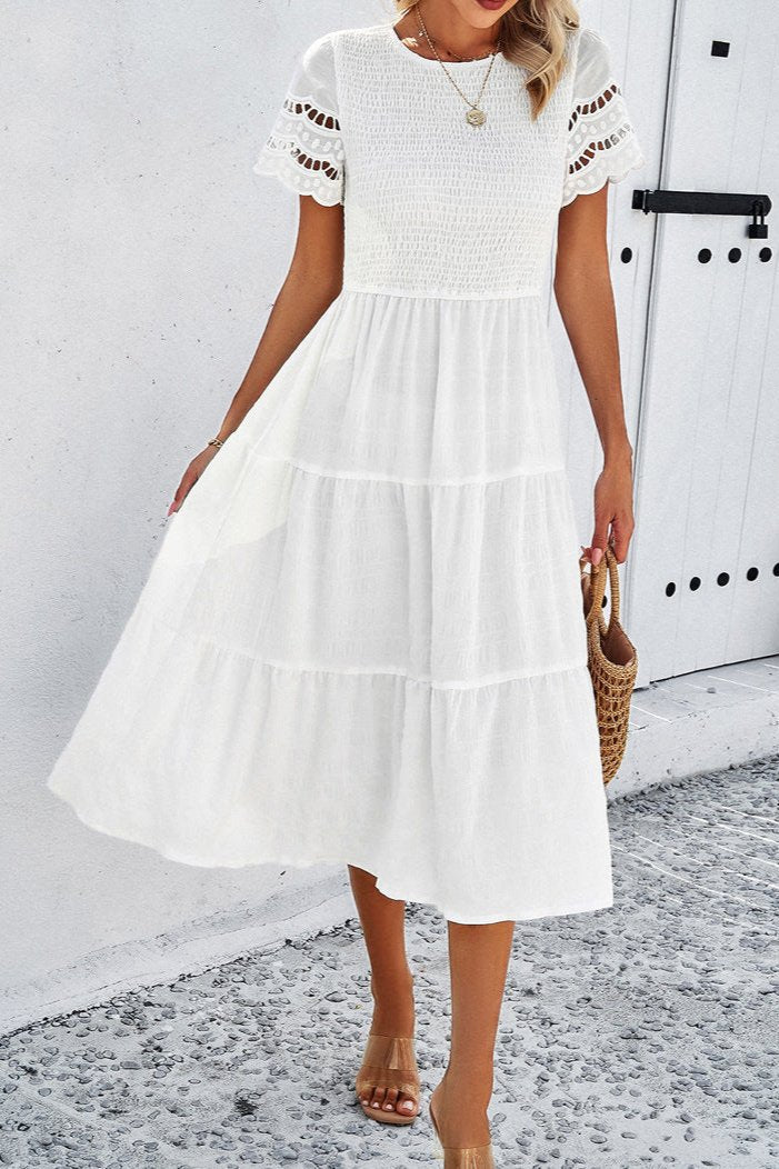 White Casual Solid Crochet Lace Sleeve A-Line Midi Dress