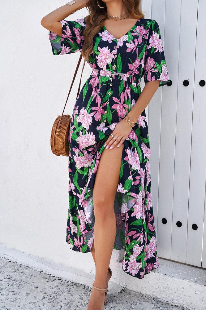 Chic Summer Floral V-Neck Side Slit Midi Dress