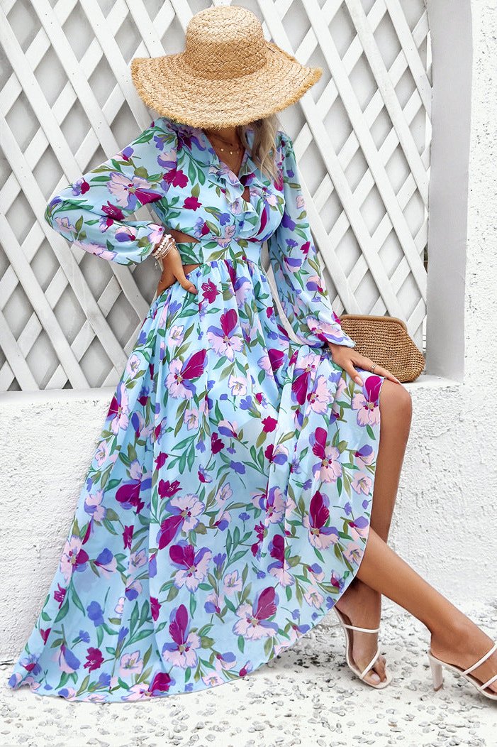 Long Sleeve Deep V-Neck Blue Floral Maxi Dress