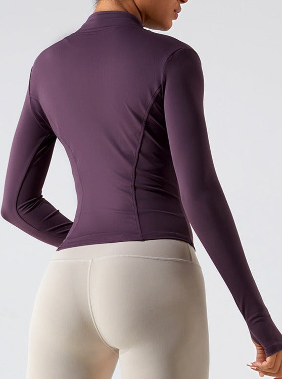 Violette rits lange mouwen snel drogende fitness sport top 