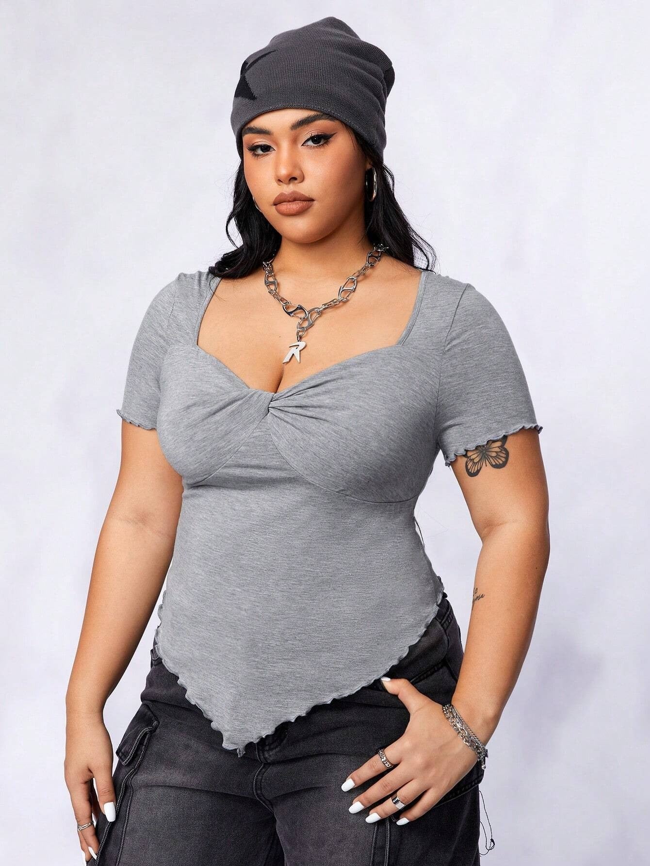 Plus Size Vierkante Hals Sexy Top met Korte Mouwen 