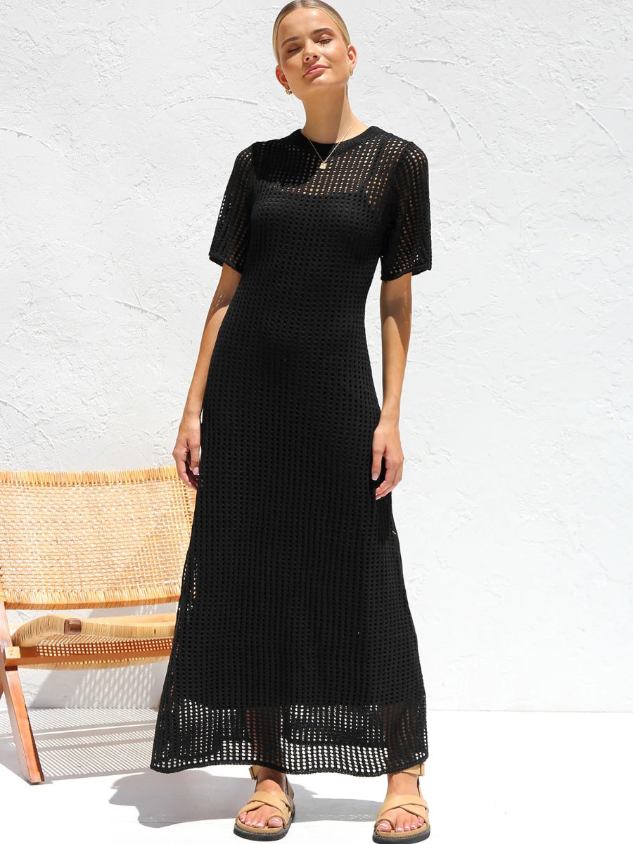 Black Casual Round Neck Short Sleeve Hollow Mid-Length Dress