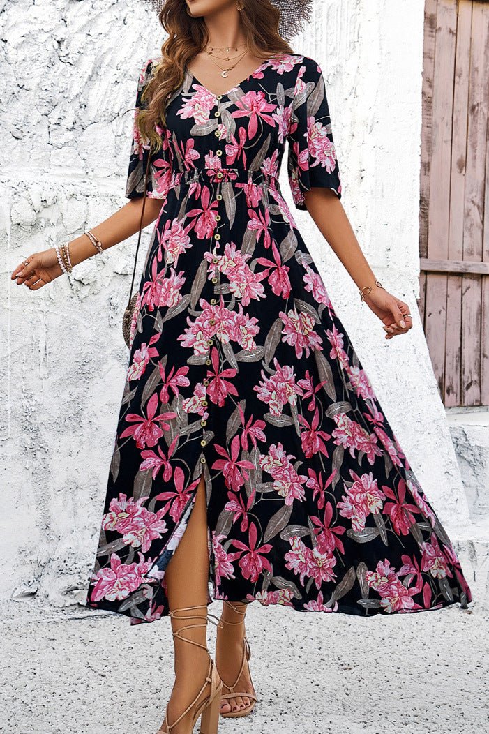 Chique zomerse bloemen V-hals midi-jurk met zijsplit