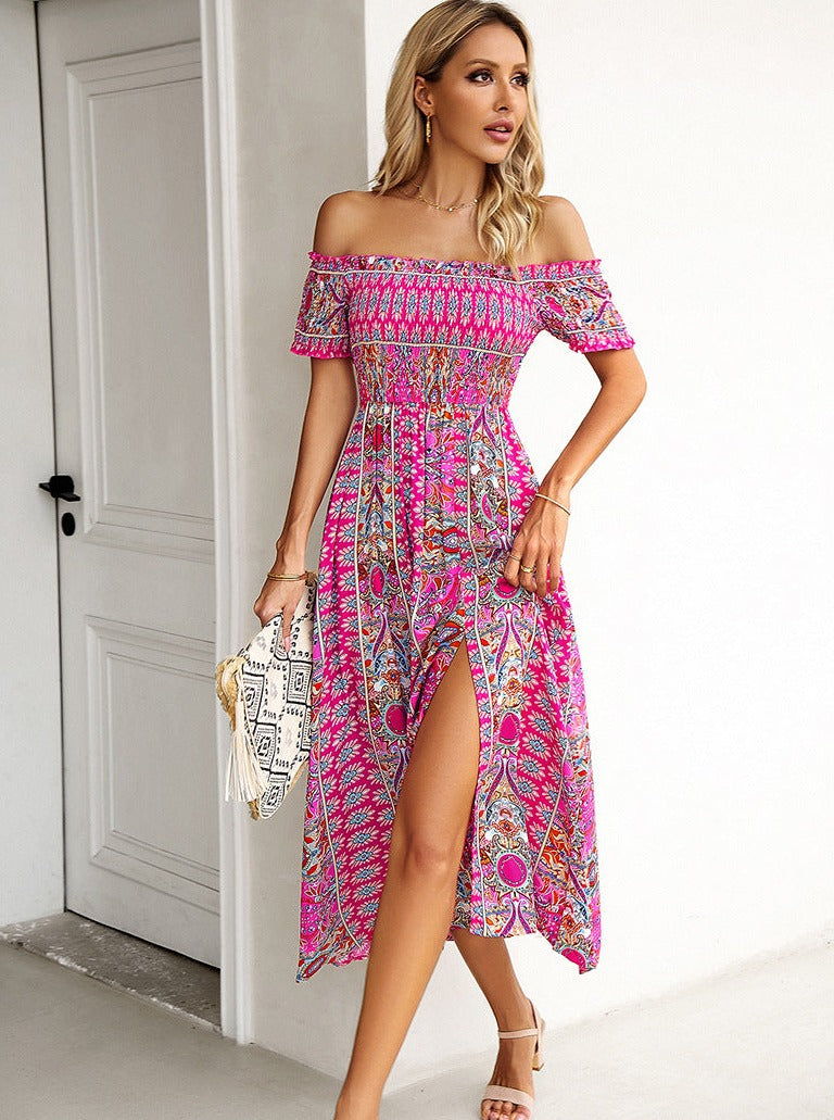 Roze off-shoulder bohemian bedrukte jurk 