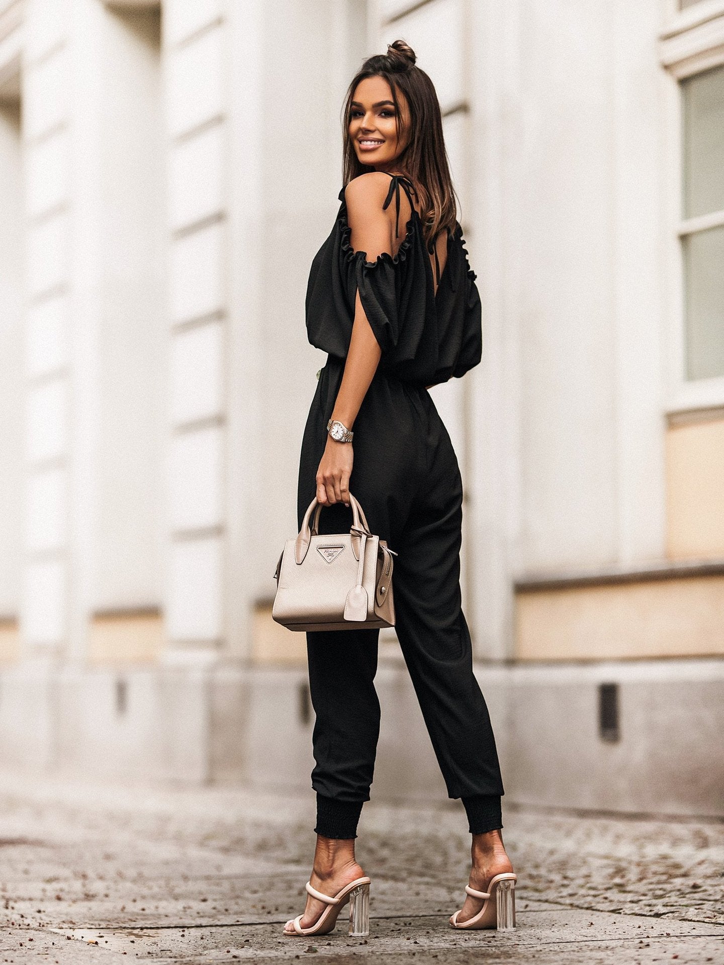 Casual Diepe V-hals Zak Elastische Taille Jumpsuit 