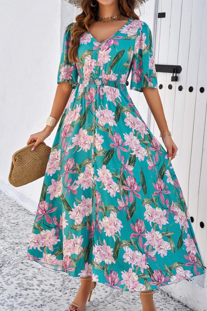 Chique zomerse bloemen V-hals midi-jurk met zijsplit