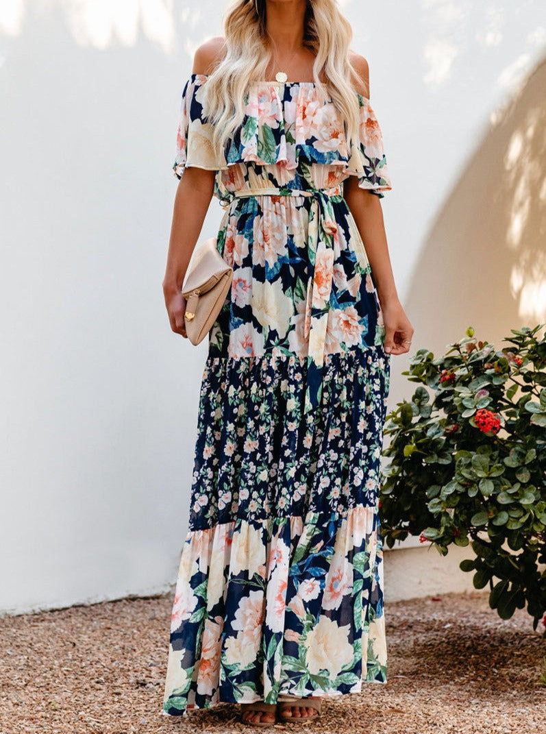 Marineblauwe bloemen retro print off shoulder maxi jurk 